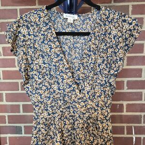 Navy Floral Wrap-Style Women's Top